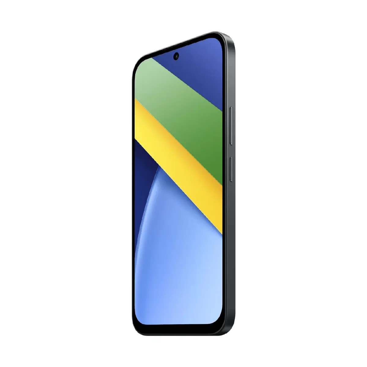 Ein Smartphone mit einem farbenfrohen abstrakten Hintergrund und physischen Tasten an der Seite.