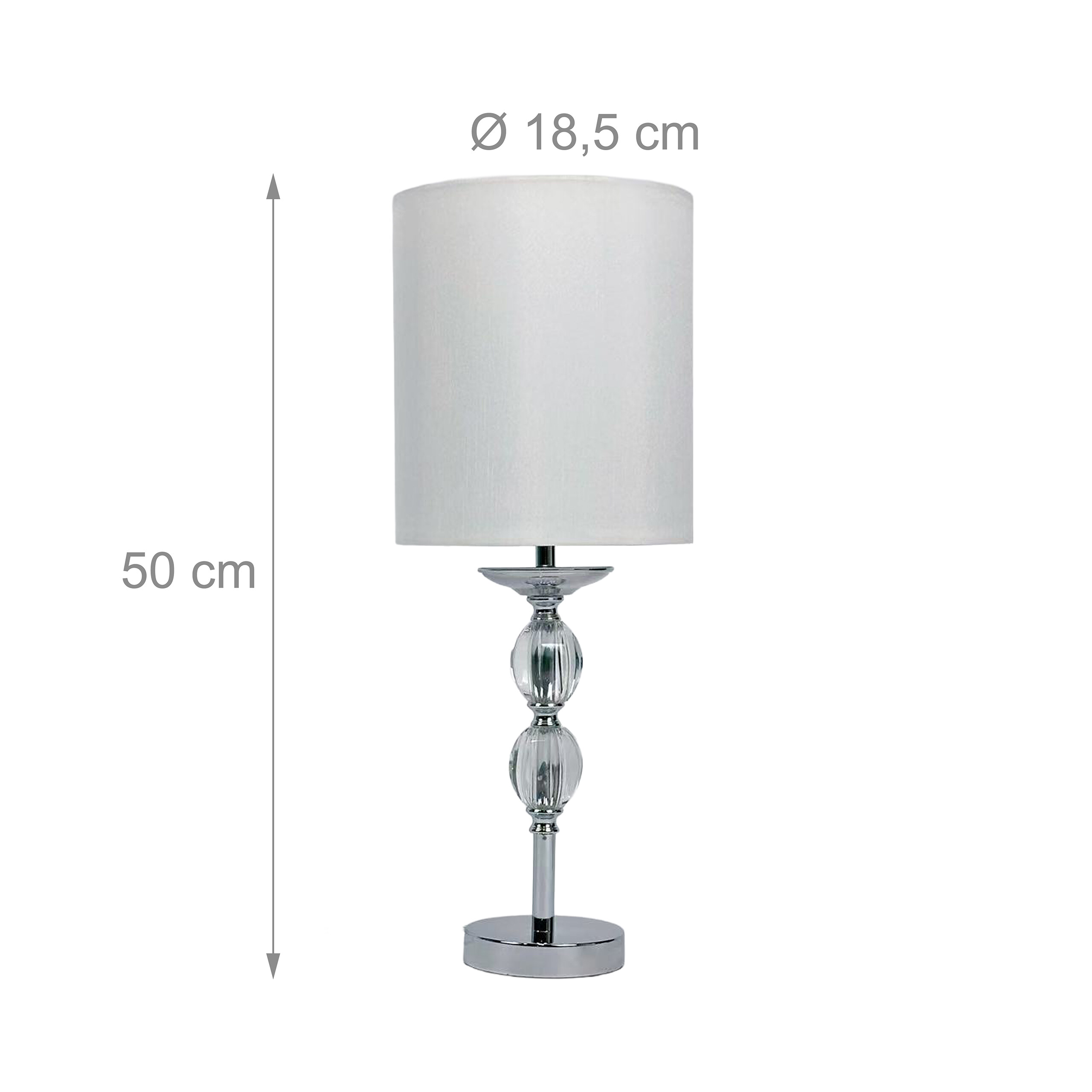 Eine Tischlampe mit weißem Schirm und gl כ-Glas- und Chromfuß, Höhe 50 cm, Durchmesser 18,5 cm.