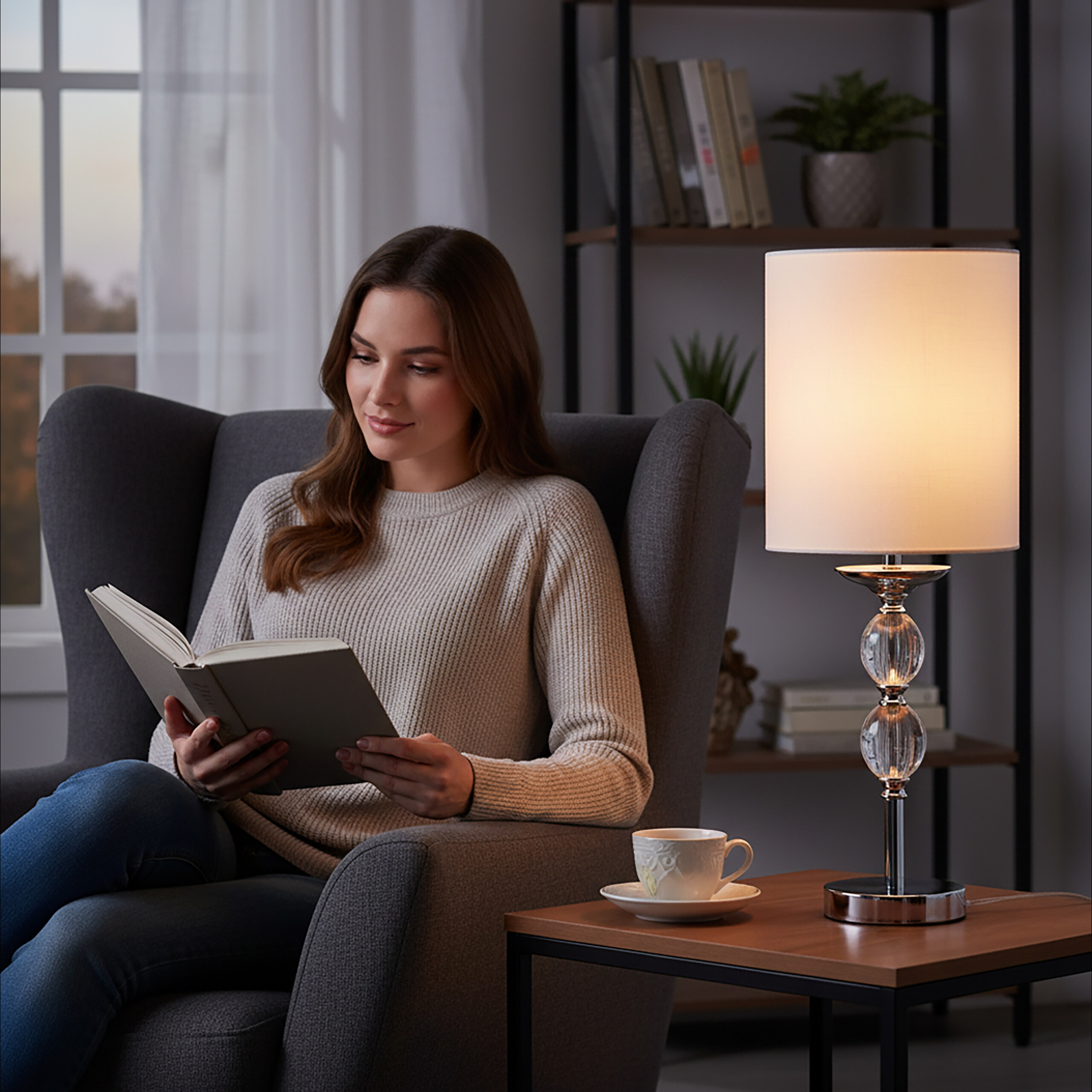 Eine Frau liest in einem Sessel neben einer beleuchteten Lampe auf einem Tisch.