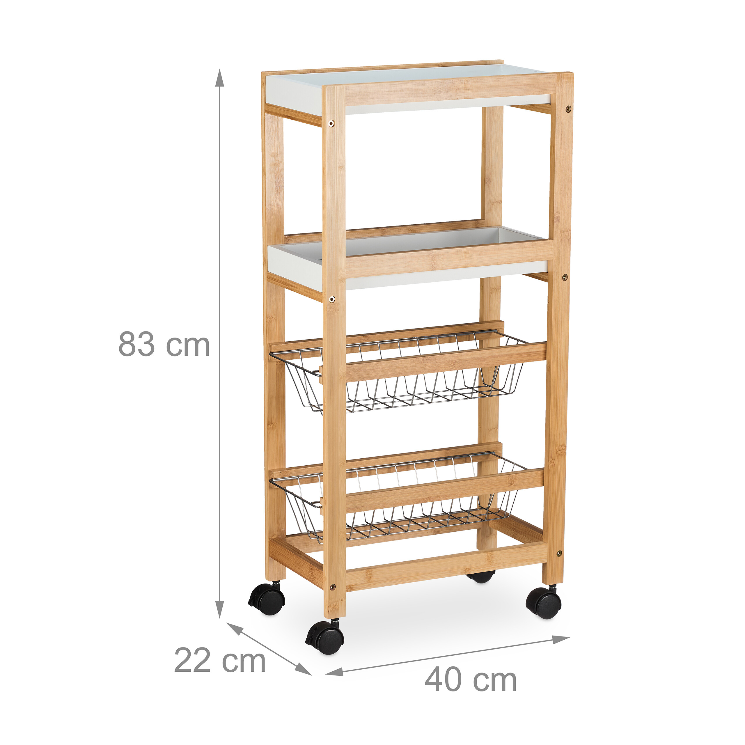 Ein Bambus-Aufbewahrungswagen mit 83 cm Höhe, 40 cm Breite und 22 cm Tiefe, mit Ablagen und Drahtkörben.