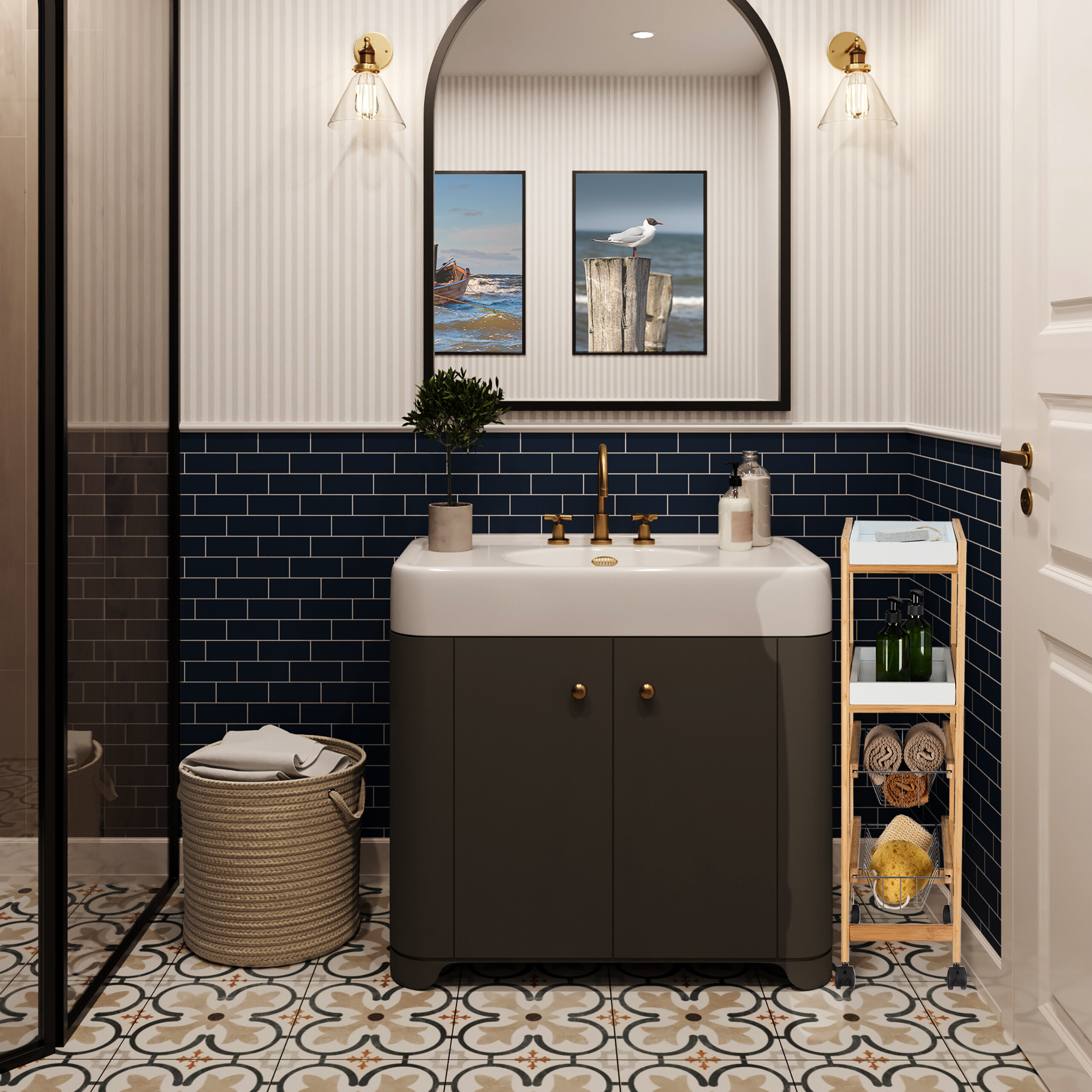 Badezimmer mit weißem Waschbecken, dunkelgrauem Unterschrank, blauen Fliesen und gemustertem Boden.