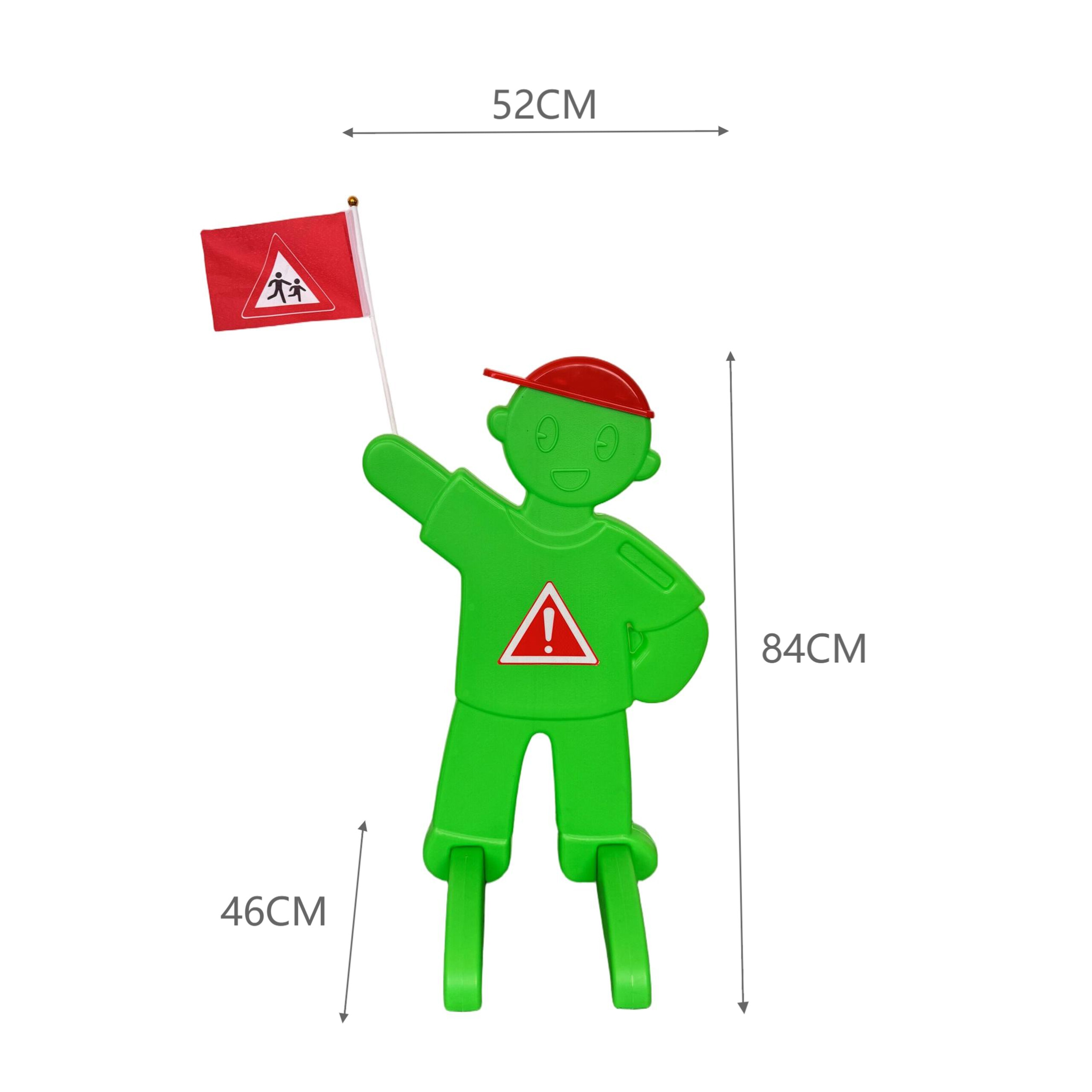 Grüne Kunststoff-Schutzfigur mit roter Mütze und Flagge, Maße angegeben.
