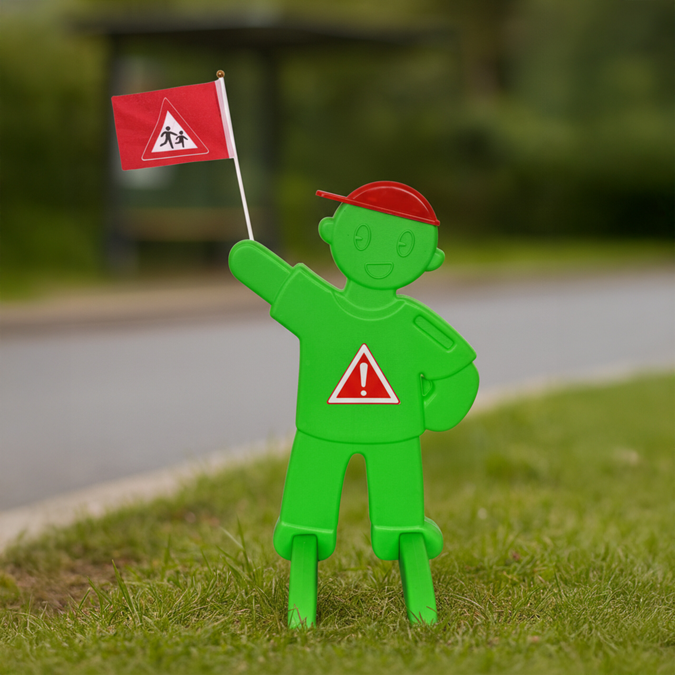 Eine grüne Kinderfigur aus Kunststoff mit roter Mütze und Flagge steht im Gras.