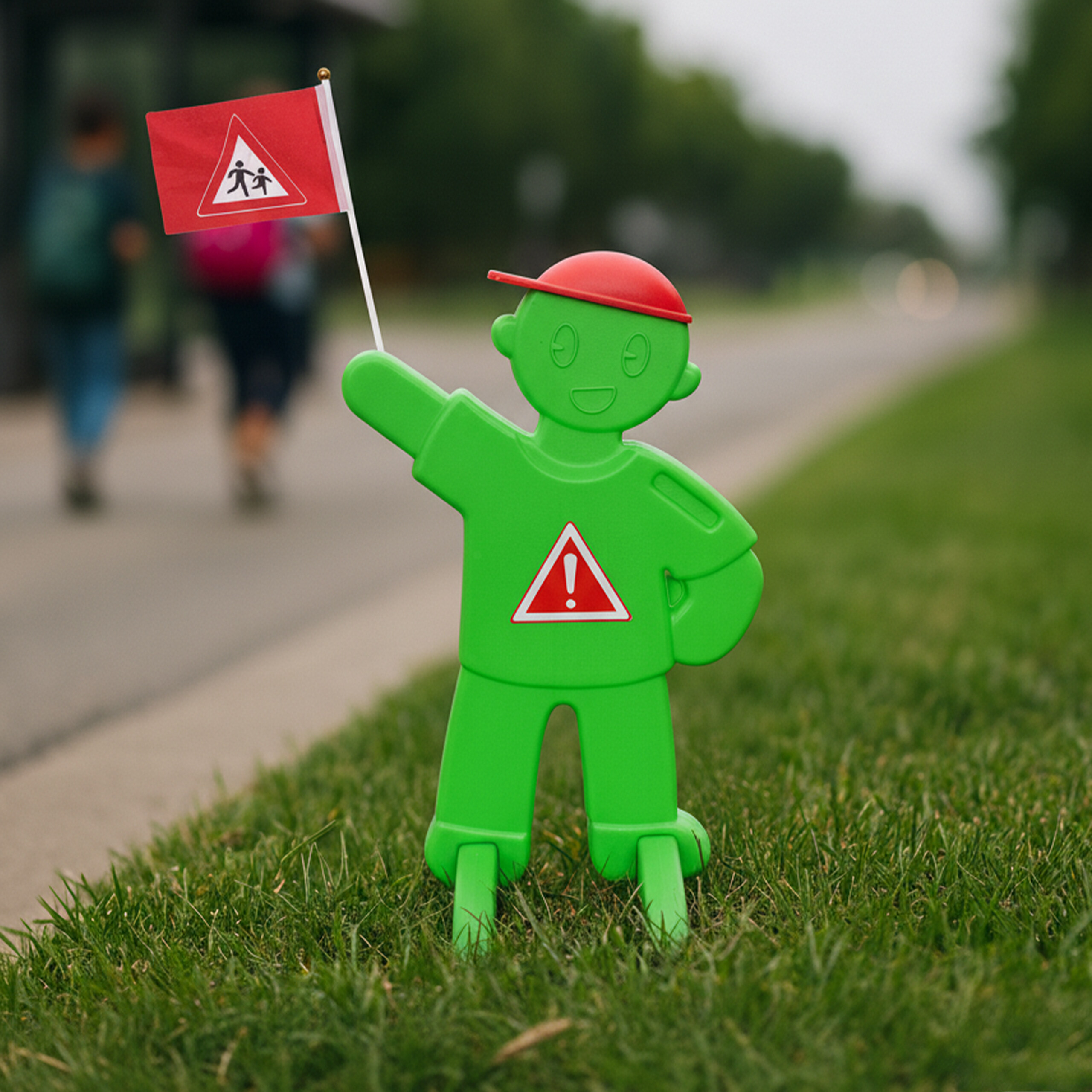 Grüne Kinderfigur mit roter Mütze und Fahne am Straßenrand.
