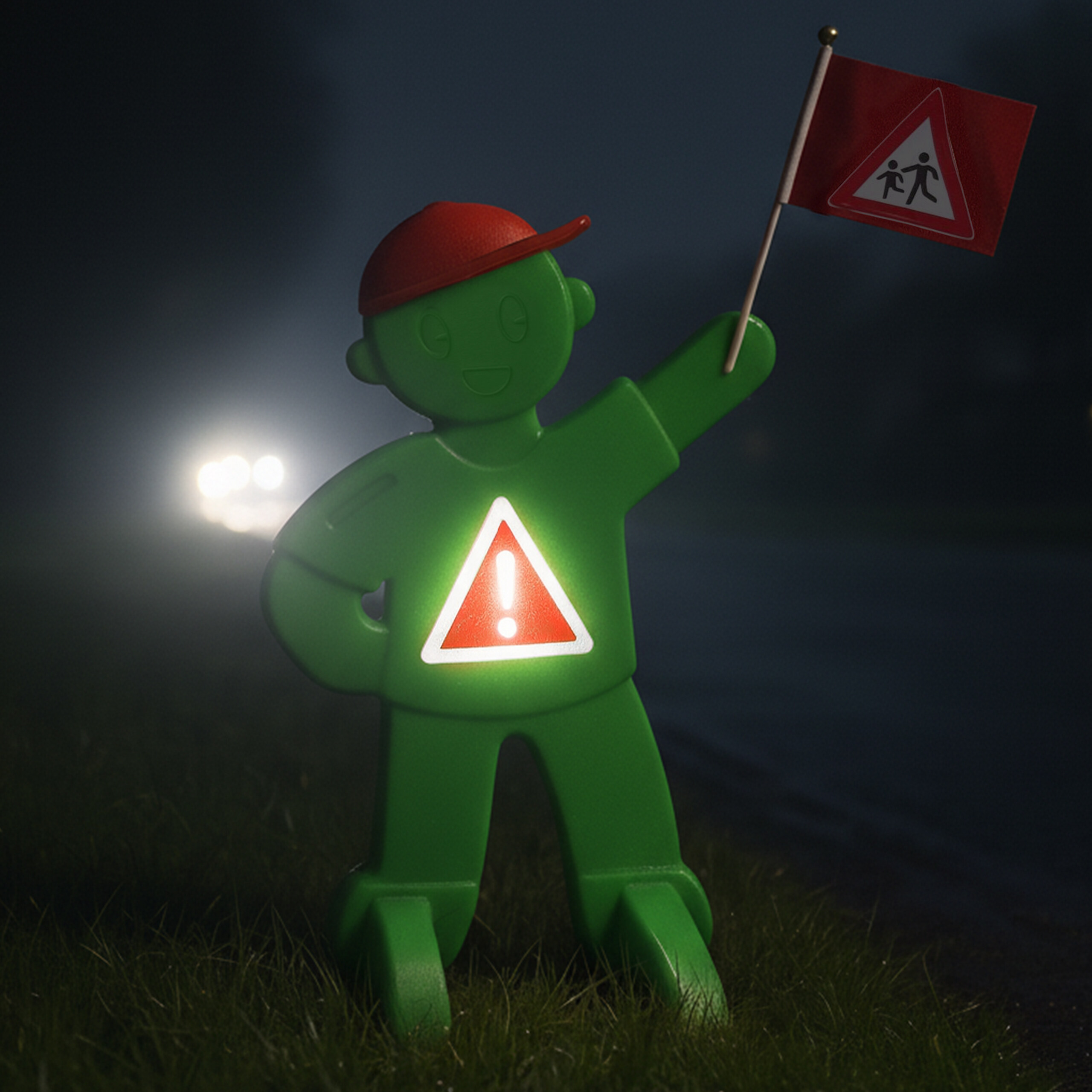 Grüne Plastikfigur im Gras bei Nacht, mit roter Mütze, leuchtendem Warndreieck und roter Flagge.