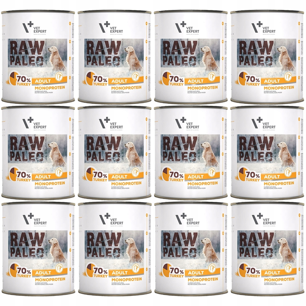 Dwanaście identycznych puszek karmy dla psa Raw Paleo Adult Turkey Monoprotein w siatce.