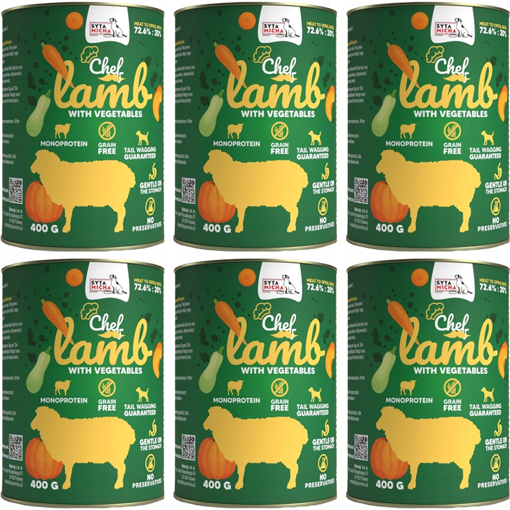 Sześć identycznych zielonych puszek karmy dla psa Chef Lamb z warzywami.
