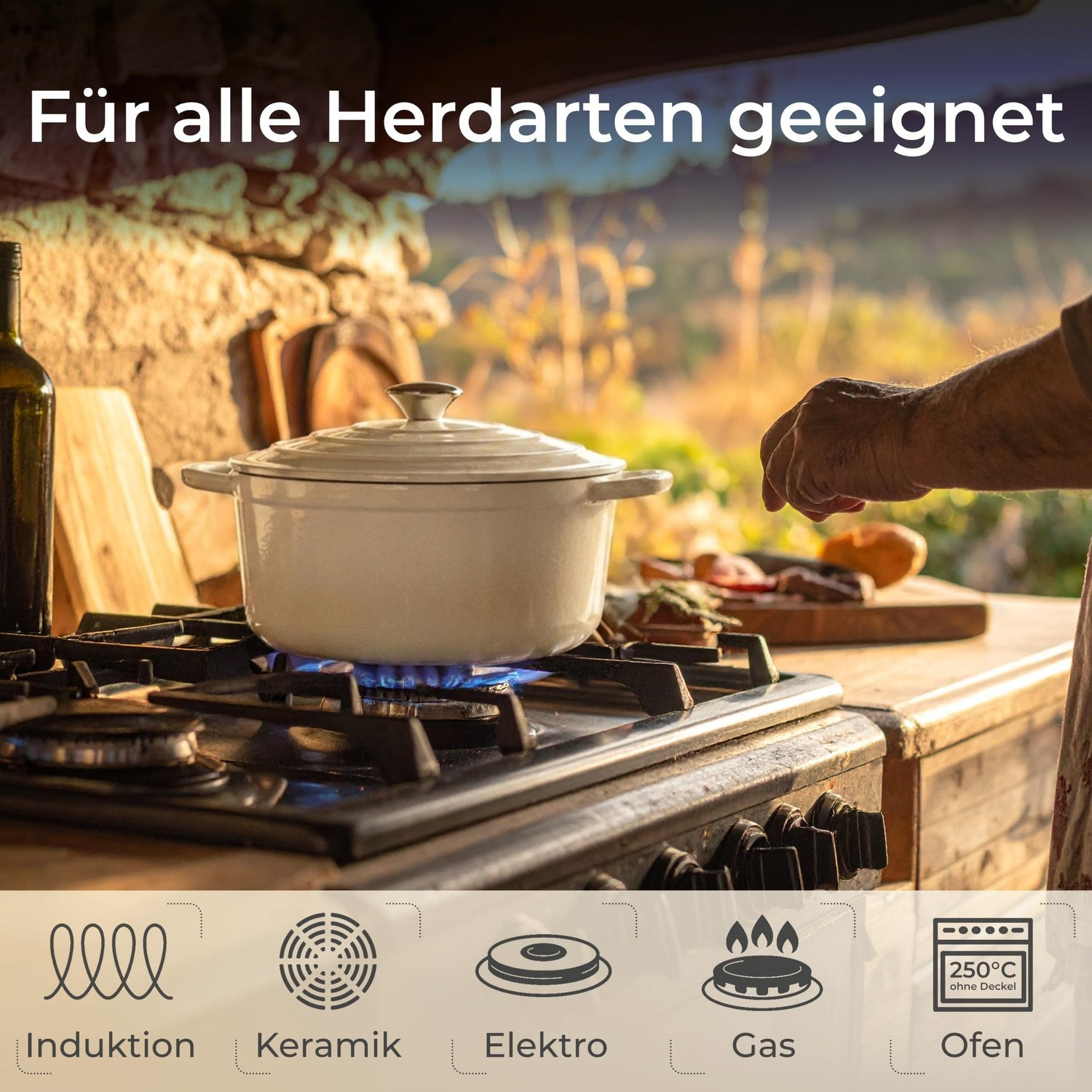 Weißer Topf auf Gasherd in sonniger Küche mit Text oben und Icons unten.