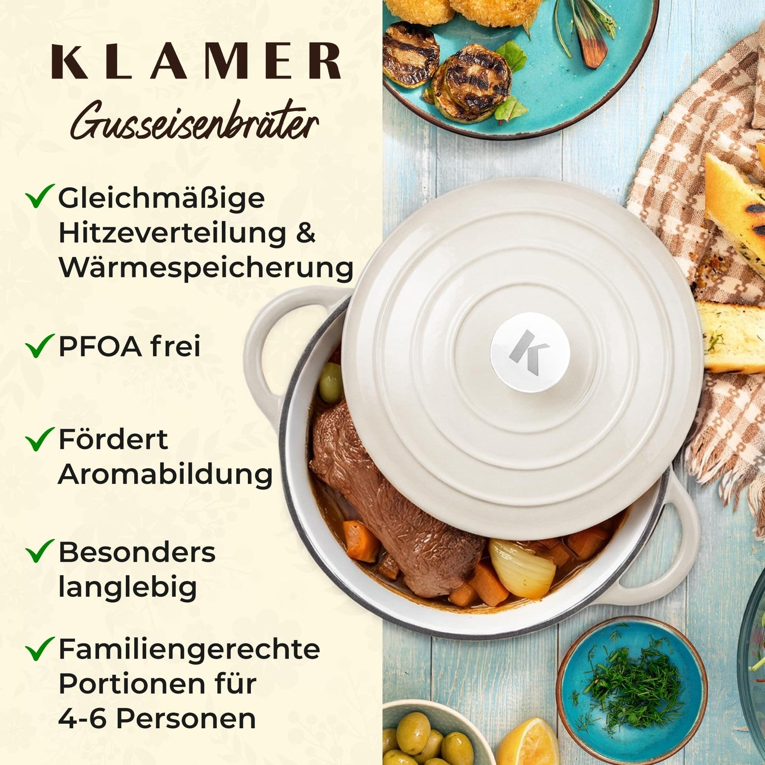 Beigefarbener Klamer Gusseisenbräter mit Stew, umgeben von Lebensmitteln und deutscher Produktbeschreibung.