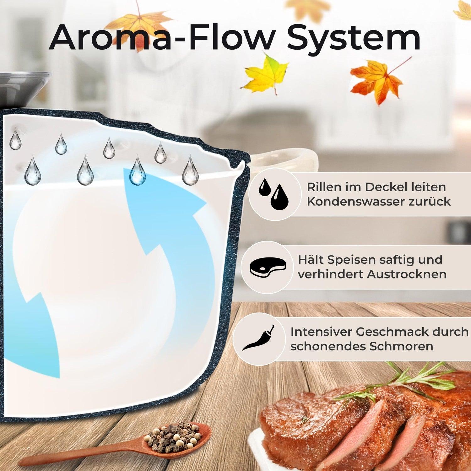 Diagramm des Aroma-Flow-Systems in einem Topf mit Kondenswasserzirkulation, Fleisch und Gewürzen.