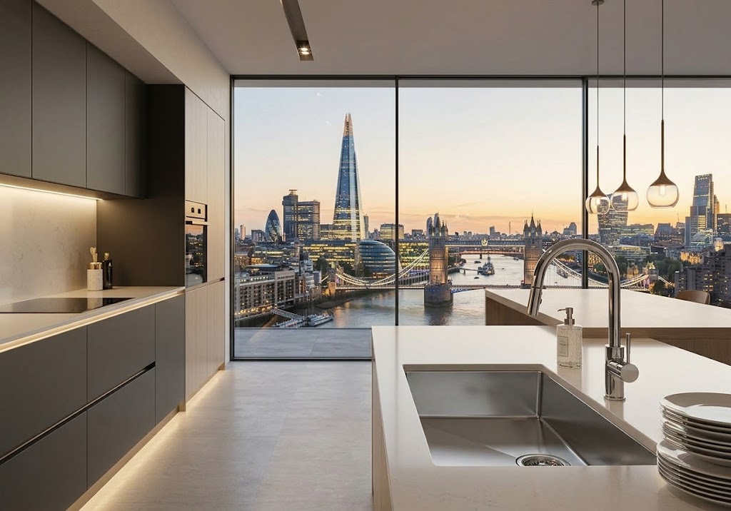Cucina moderna con grande vetrata e vista sullo skyline di Londra al tramonto.