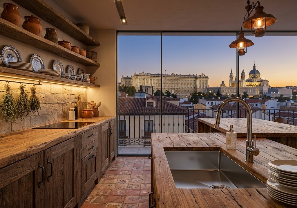 Cucina rustica con banconi in legno, mensole con ceramiche e grande finestra con vista sulla città al crepuscolo.