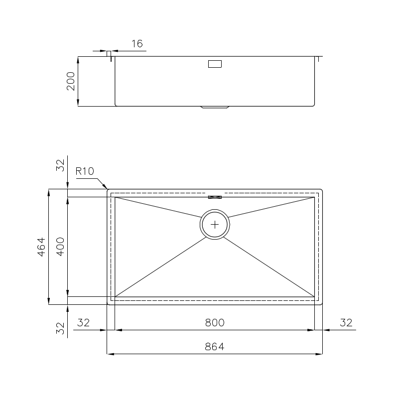 Disegno tecnico di un lavello rettangolare con dimensioni in linee nere su sfondo bianco.