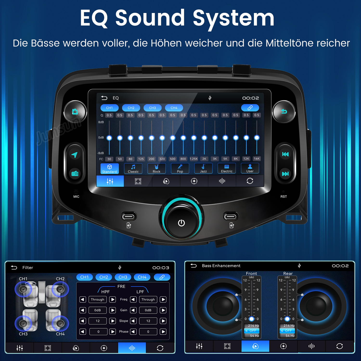 Auto-EQ-Soundsystem mit Touchscreen und Audioeinstellungen.