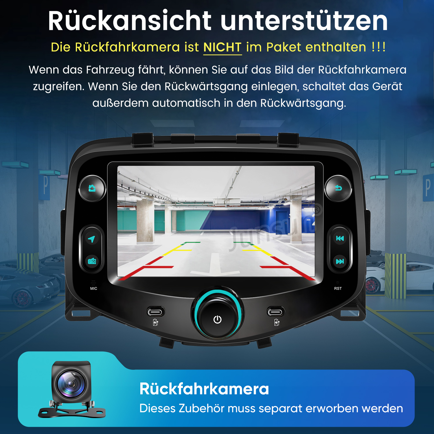 Autoradio mit Parkkameraansicht auf dem Bildschirm und deutschem Text oben und unten.