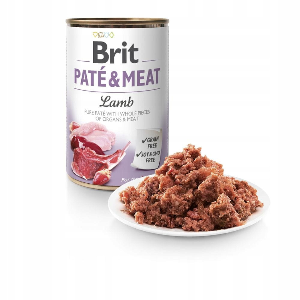 Puszka karmy jagnięcej Brit Paté & Meat obok talerza z pasztetem mięsnym.