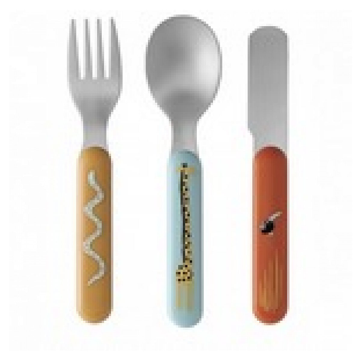 Kinderbesteckset aus Gabel mit gelbem Griff, Löffel mit blauem Giraffenmuster und Messer mit rotem Griff auf weißem Grund.