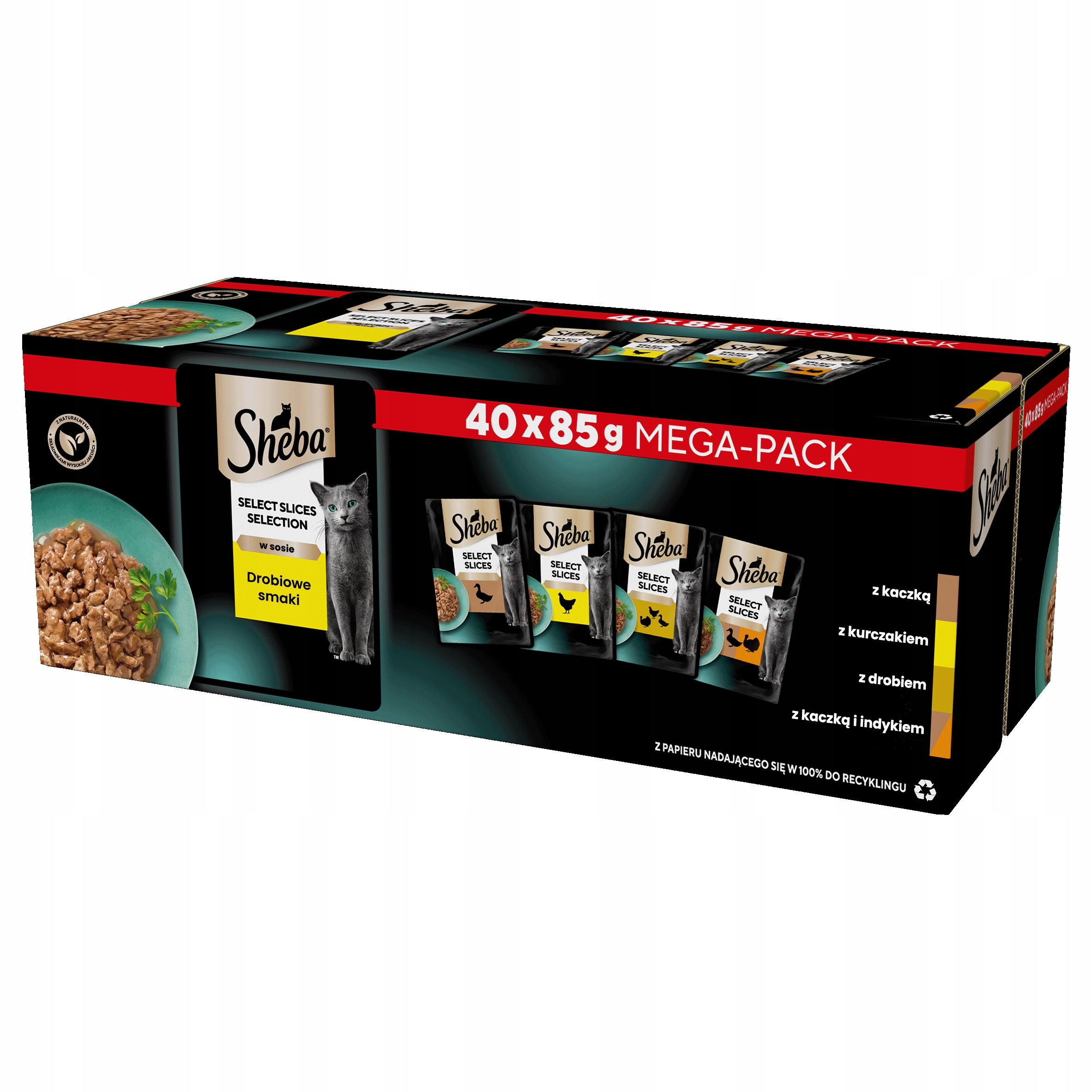 Czarne opakowanie mega pack karmy dla kotów Sheba z 40 saszetkami i szarym kotem.