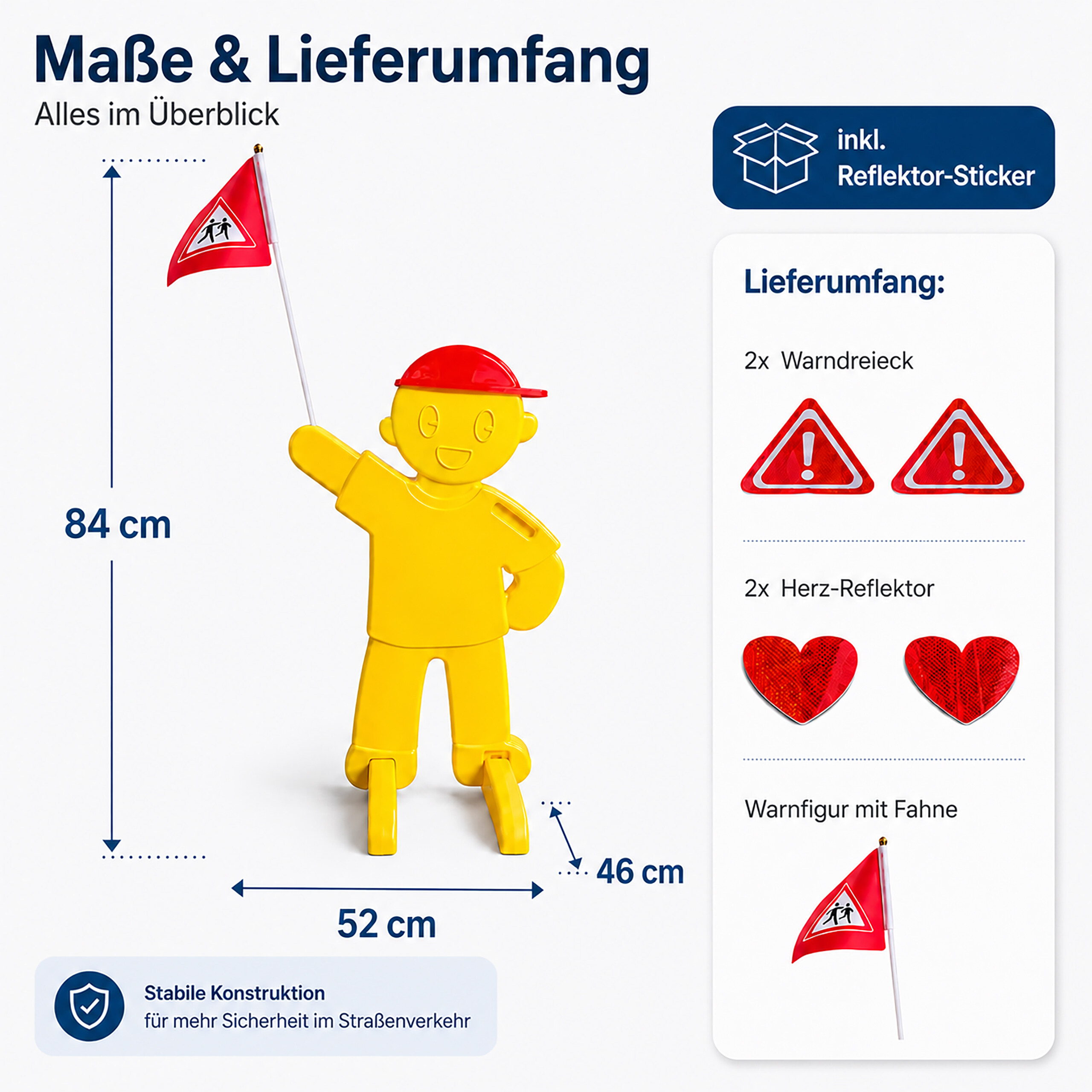 Gelbe Sicherheitsfigur mit roter Kappe und Flagge zeigt Maße und Zubehör wie Warnbzw. Herzreflektoren.