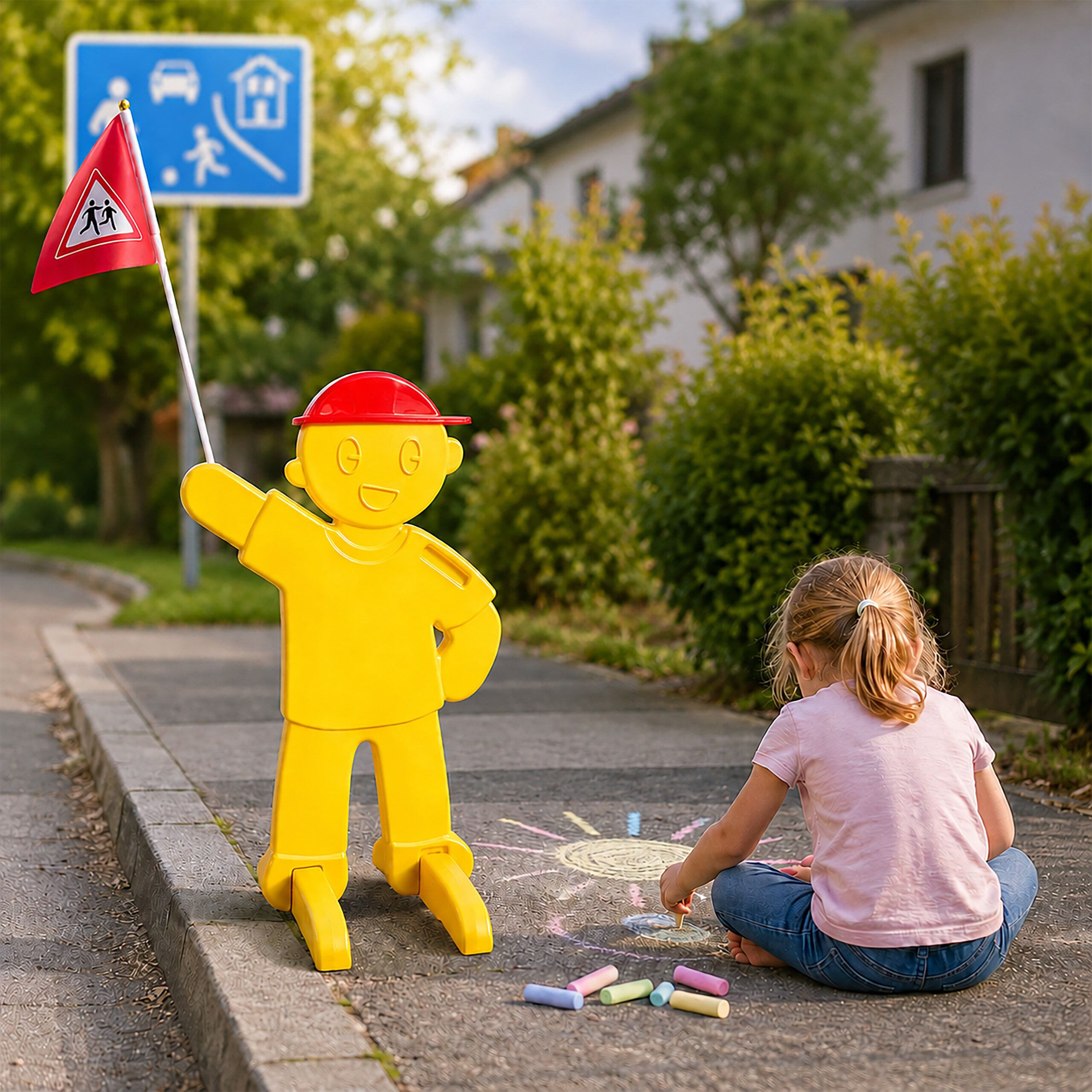 Ein gelbes Figuren-Warnschild mit roter Flagge steht neben einem Mädchen, das mit Kreide auf dem Gehweg malt.