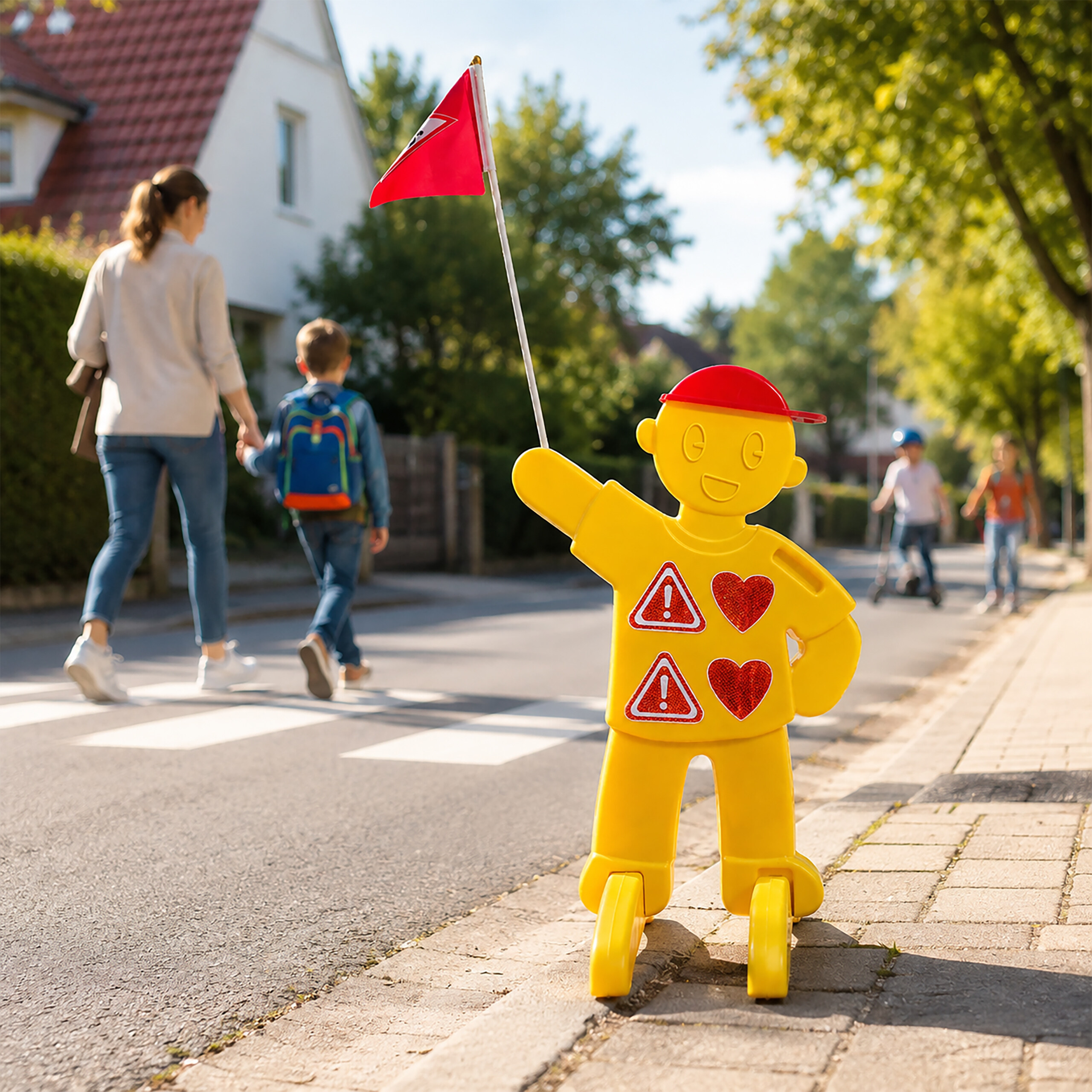 Gelbe Kinderfigur am Zebrastreifen hält rote Flagge, im Hintergrund gehen Mutter und Kind.
