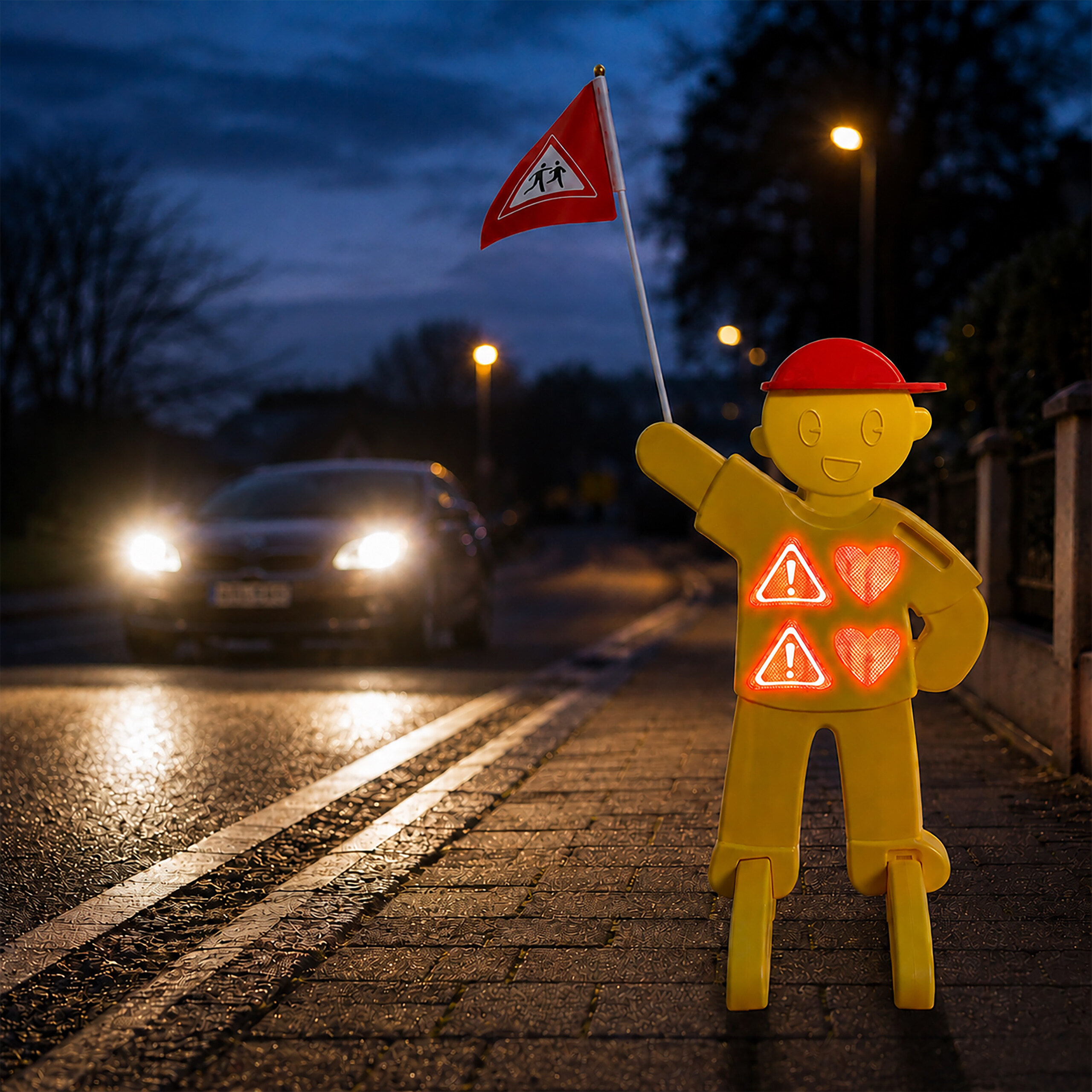Gelbe Schulkinder-Sicherheitsfigur mit roter Flagge am Straßenrand in der Dämmerung, im Hintergrund ein Auto.
