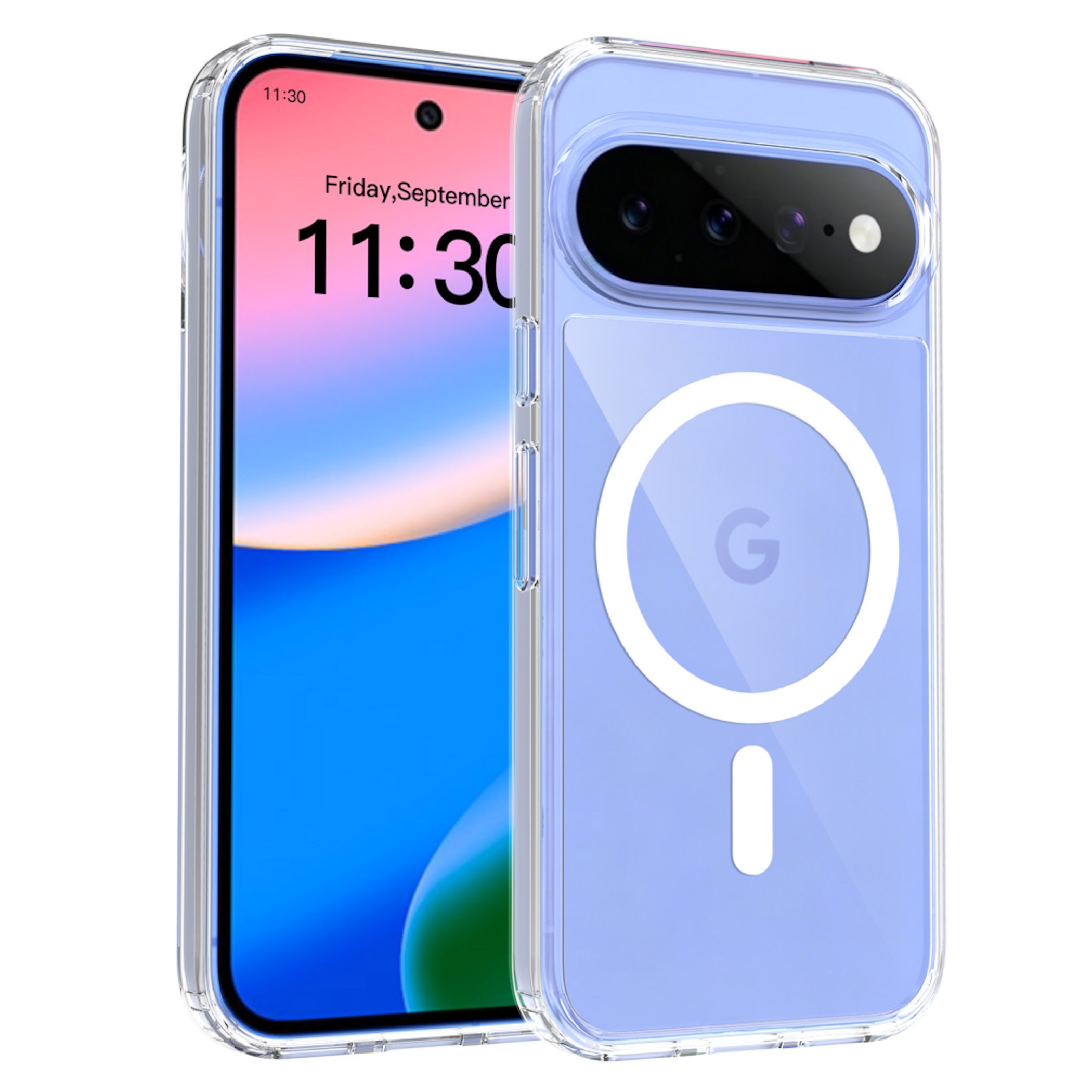 Ein blaues Smartphone mit transparenter Hülle, magnetischem Ladering und Anzeige, die 11:30 Uhr zeigt.