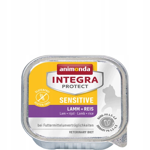 Tacka z karmą dla kota Animonda Integra Protect z jagnięciną i ryżem, bezglutenowa i dietetyczna.