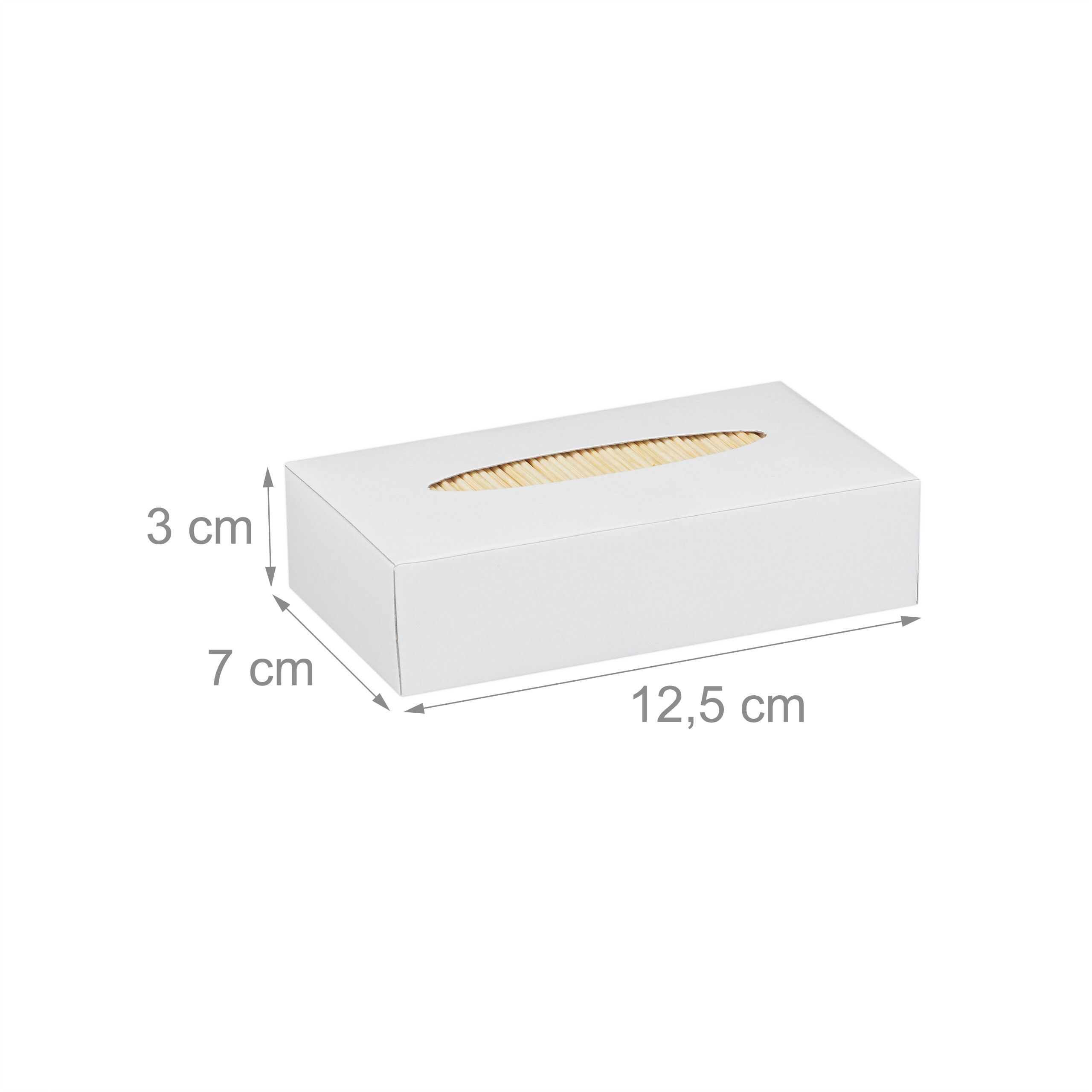 Weisse rechteckige Zahnstocherbox mit 12.5x7x3 cm, gefuellt mit Holz-Zahnstochern, freigestellt auf weiss.