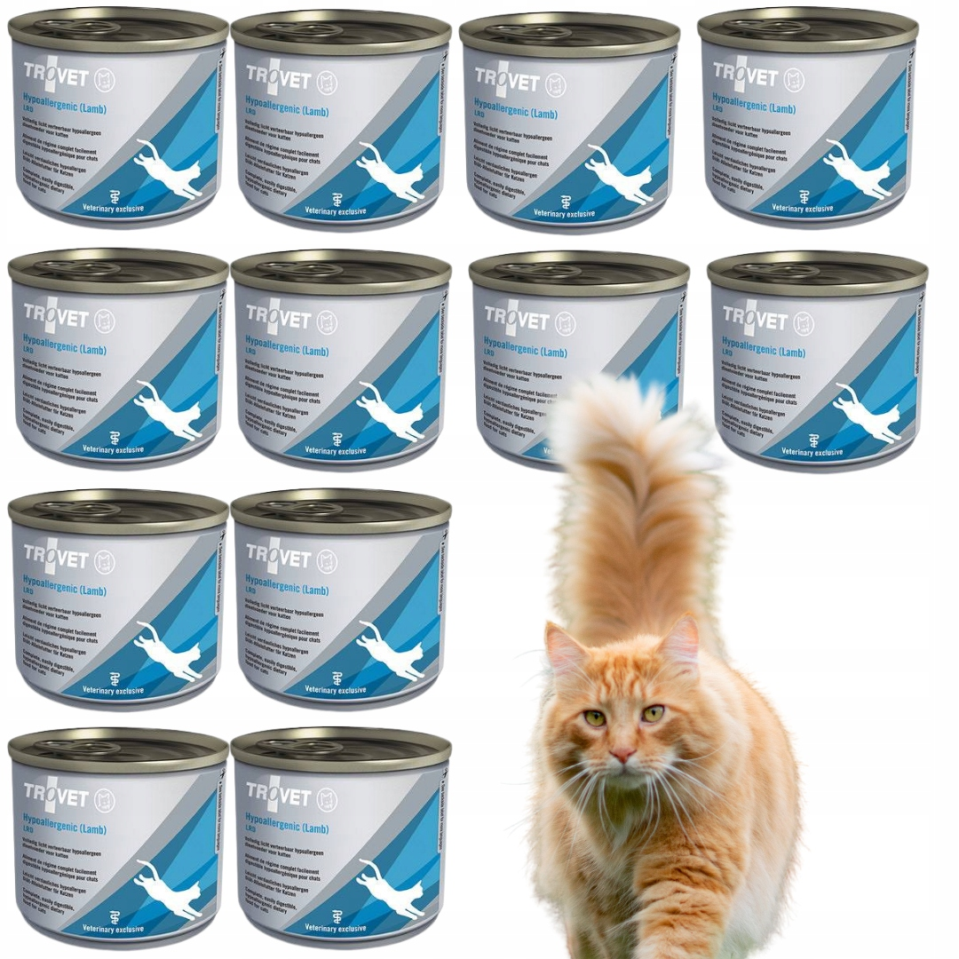 Puszysty rudy kot idący obok jedenastu puszek karmy dla kotów Trovet Hypoallergenic.