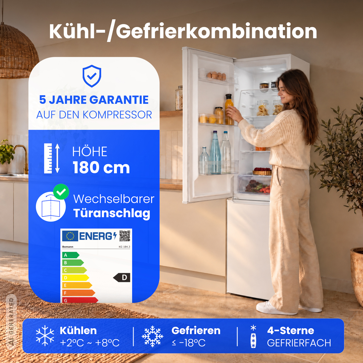 Eine Frau in einer Küche steht vor einem weißen Kühlschrank, überlagert mit blauen Informationsinfografiken.