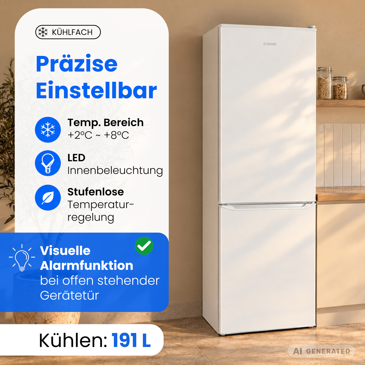Ein weißer Bomann Kühlschrank steht in einer Küche neben einer Infografik mit Produktfeatures.