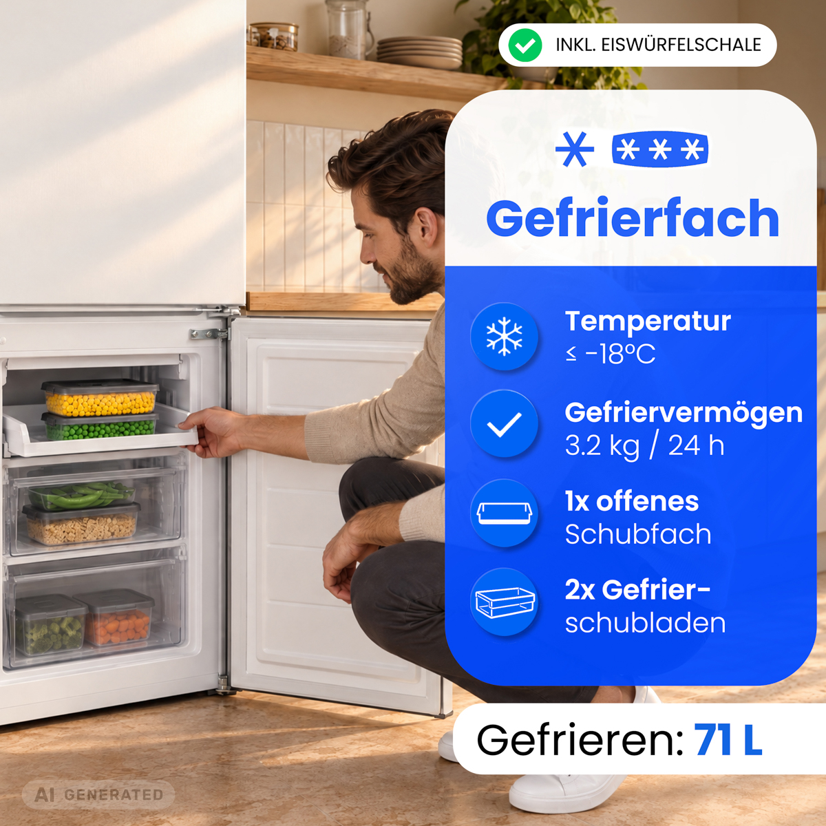 Ein Mann kniet vor einem geöffneten Gefrierschrank mit Schubladen, die mit Lebensmitteln gefüllt sind.