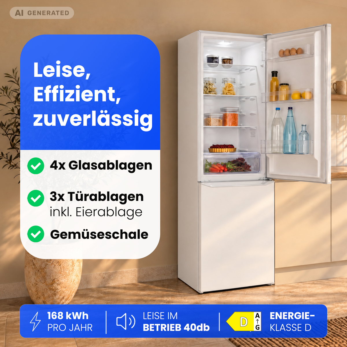 Ein weißer Kühlschrank mit offener Tür, gefüllt mit Lebensmitteln, und ein blaues Werbebanner mit Text.