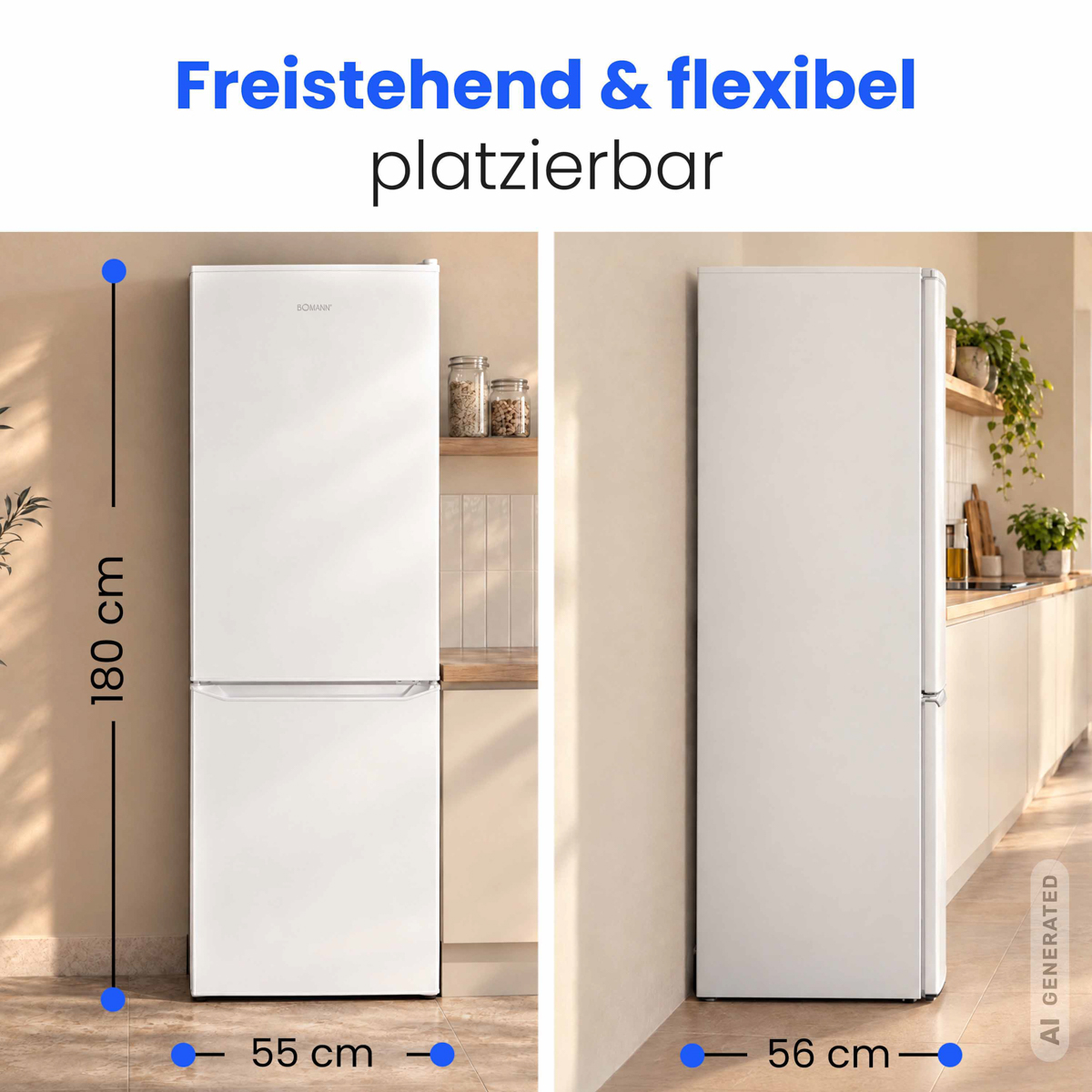 Freistehender weißer Bomann Kühlschrank mit Maßangaben von 180 cm Höhe, 55 cm Breite und 56 cm Tiefe in einer Küche.