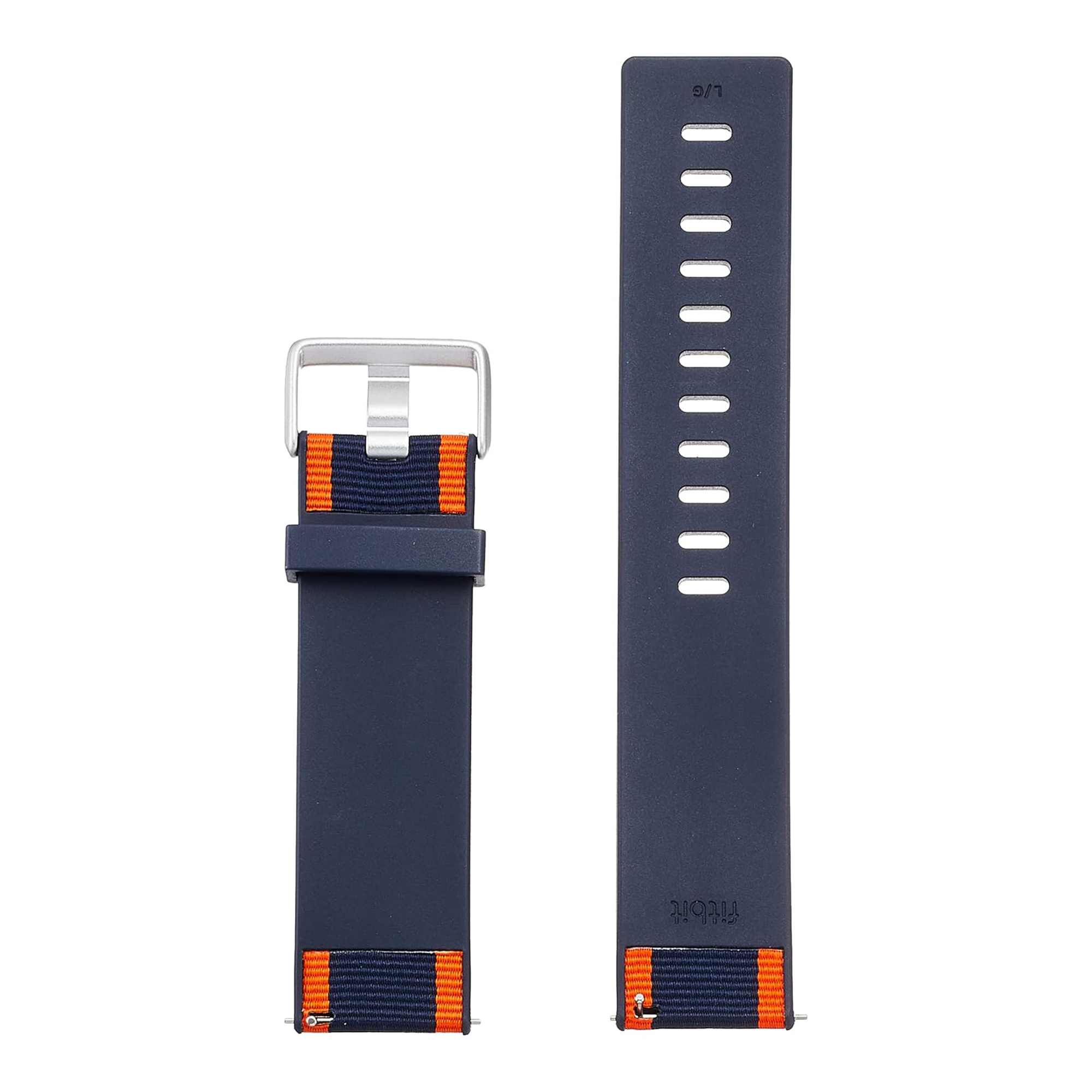 Een blauw-oranje stoffen en rubberen horlogeband met zilveren gesp op een witte achtergrond.