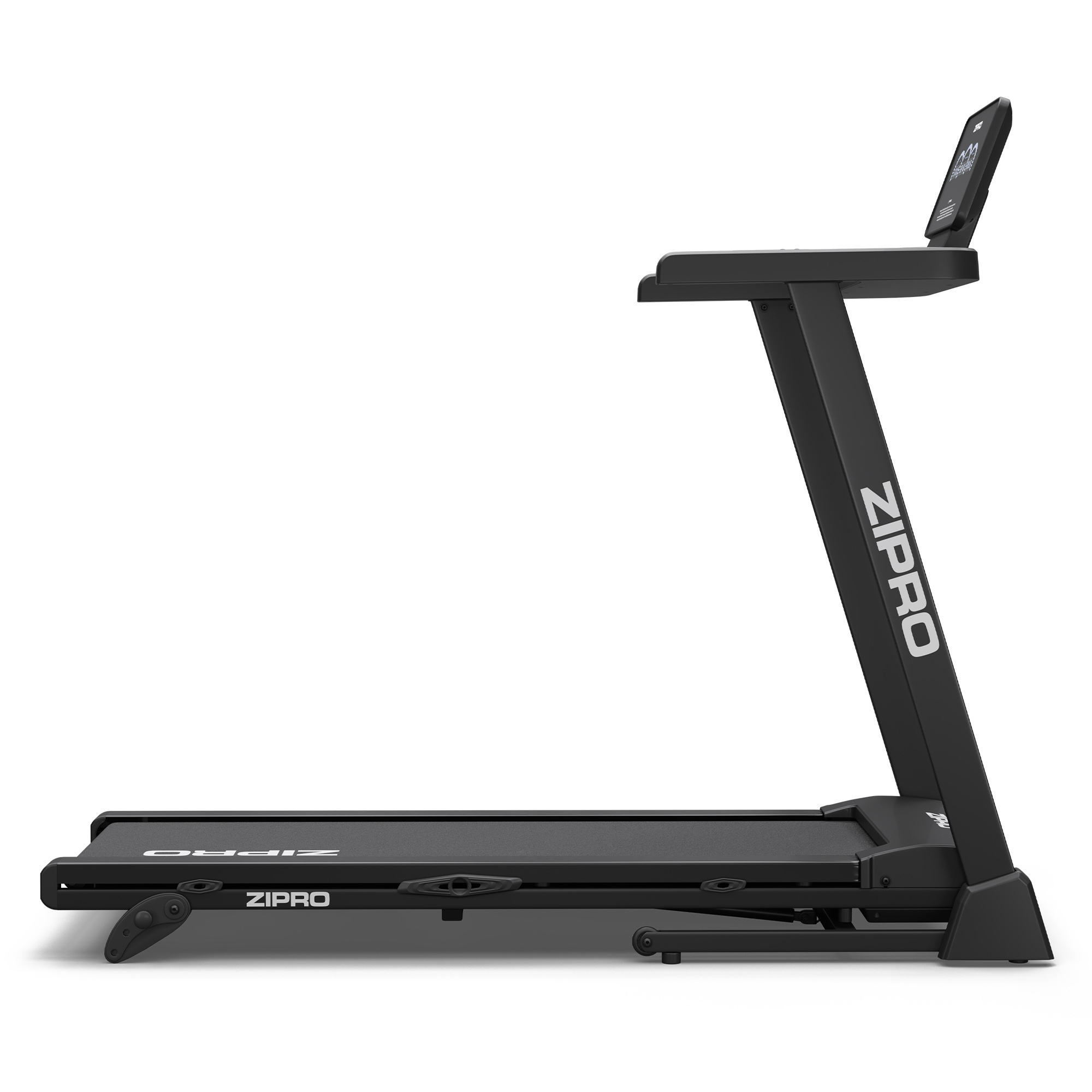 Ein schwarzes Zipro-Laufband in Seitenansicht vor weißem Hintergrund.