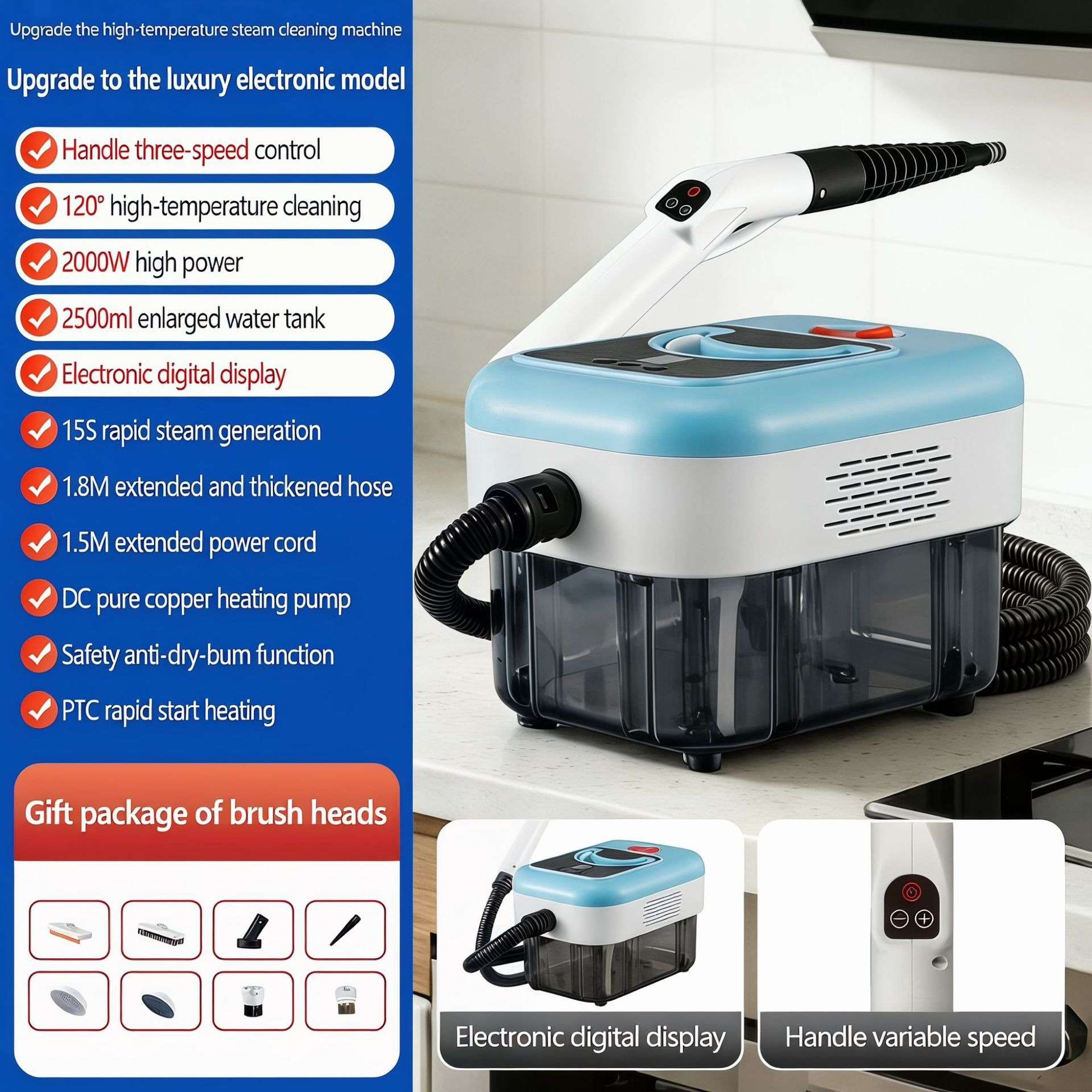 Blaue Dampfreinigungsmaschine mit Zubehör und Funktionsliste.