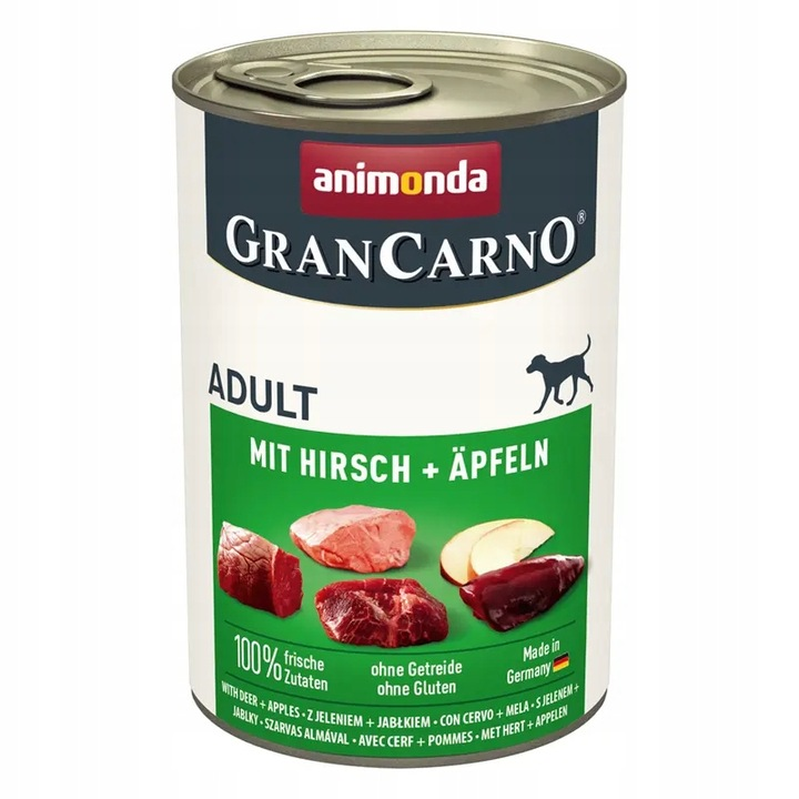 Puszka karma dla psa Animonda GranCarno Adult z dziczyzną i jabłkami na białym tle.