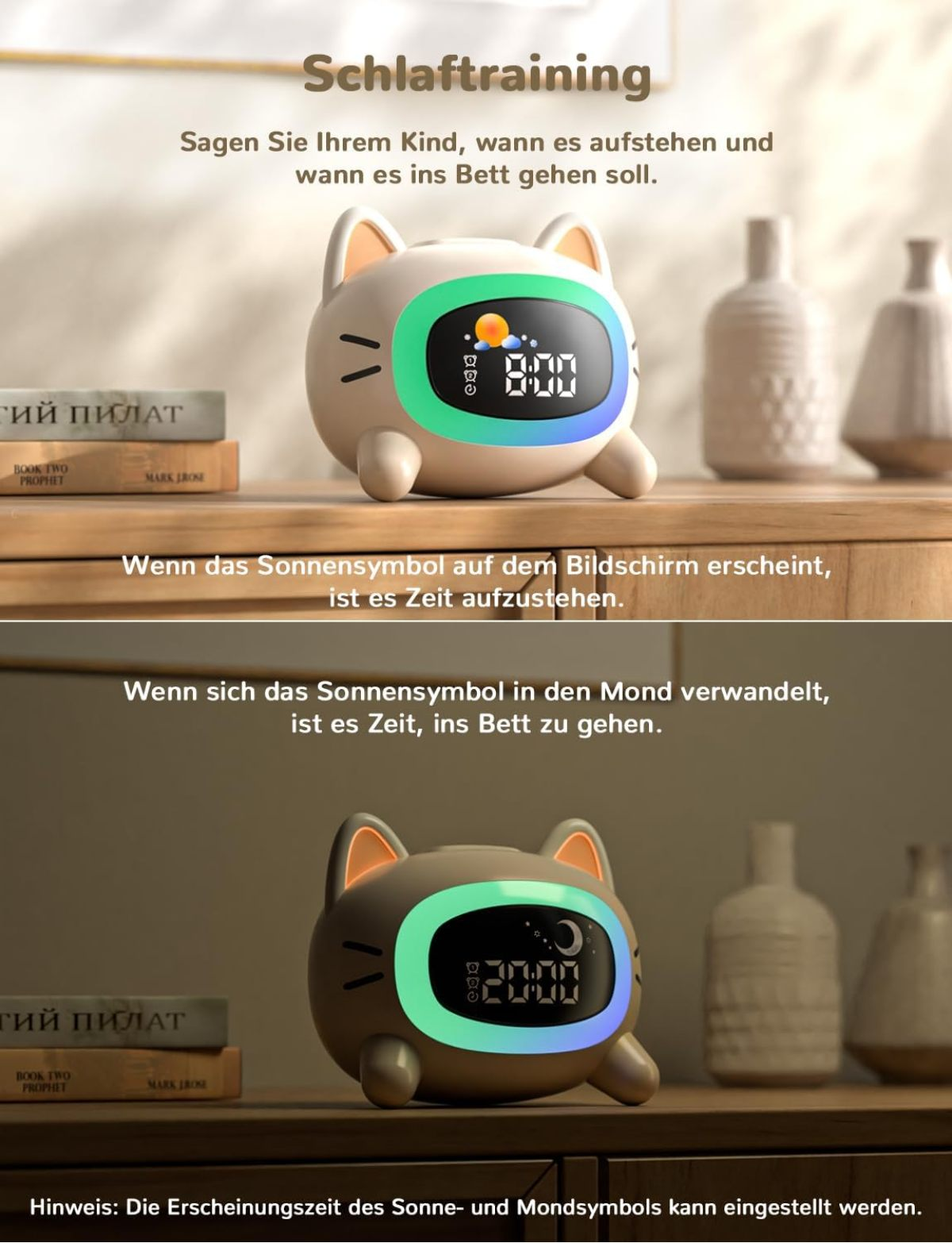 Ein katzenförmiger Kinderwecker mit Leuchtring auf einer Holzkommode mit deutscher Anleitungstext.