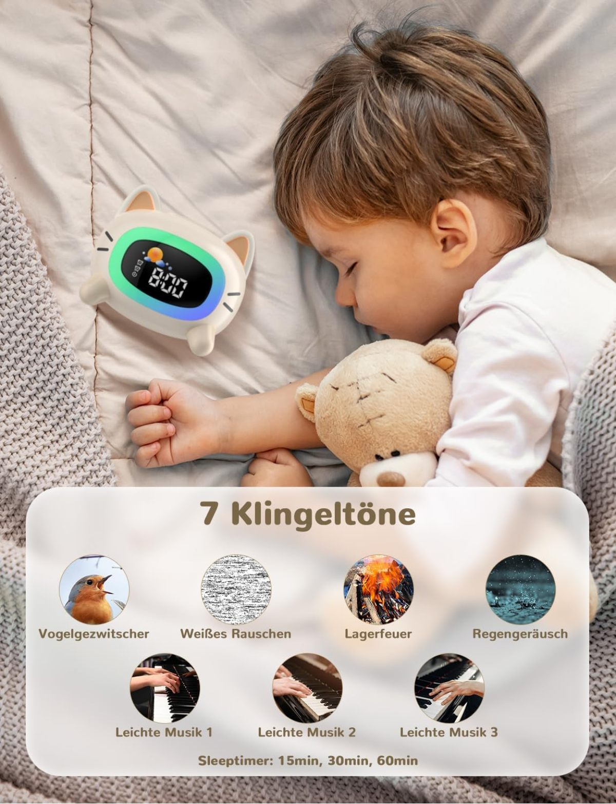 Ein Kleinkind schläft mit Teddy neben einem Katzenwecker, mit Symbolen für 7 Töne und Timer unten.