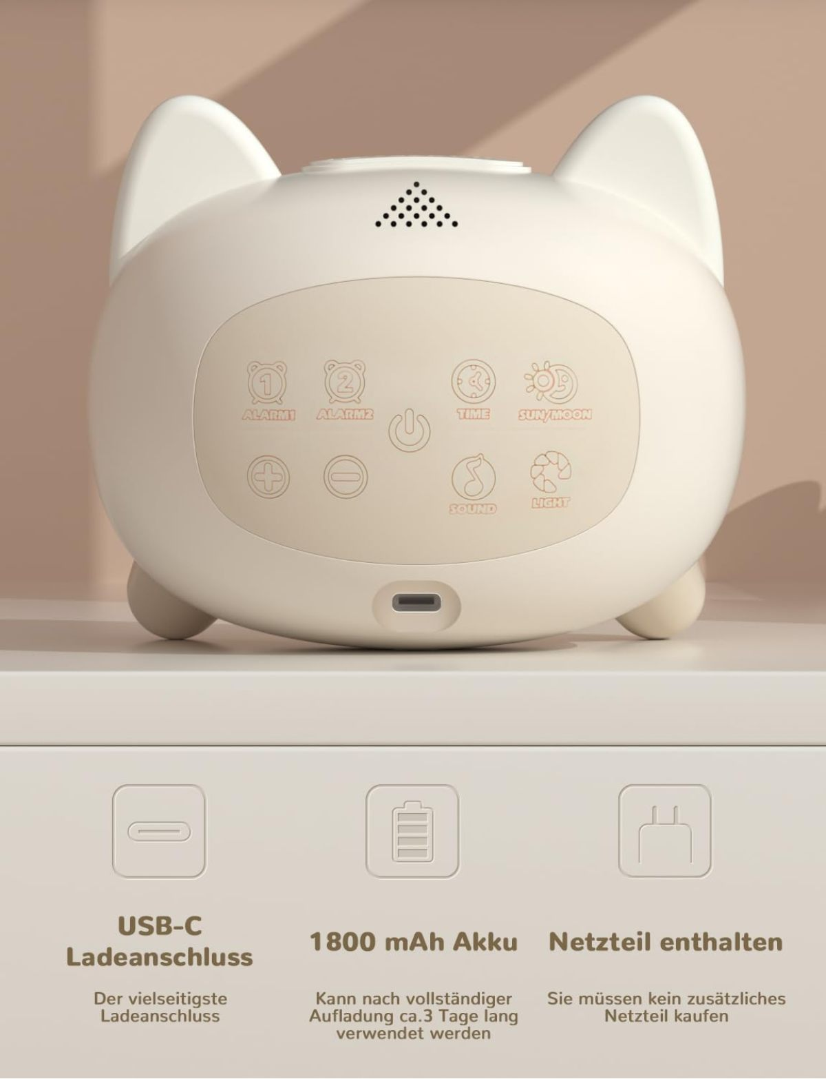 Beige, katzenförmige Digitaluhr mit Touch-Bedienfeld, USB-C-Anschluss und Erklärungen zu Akku und Netzteil unten.