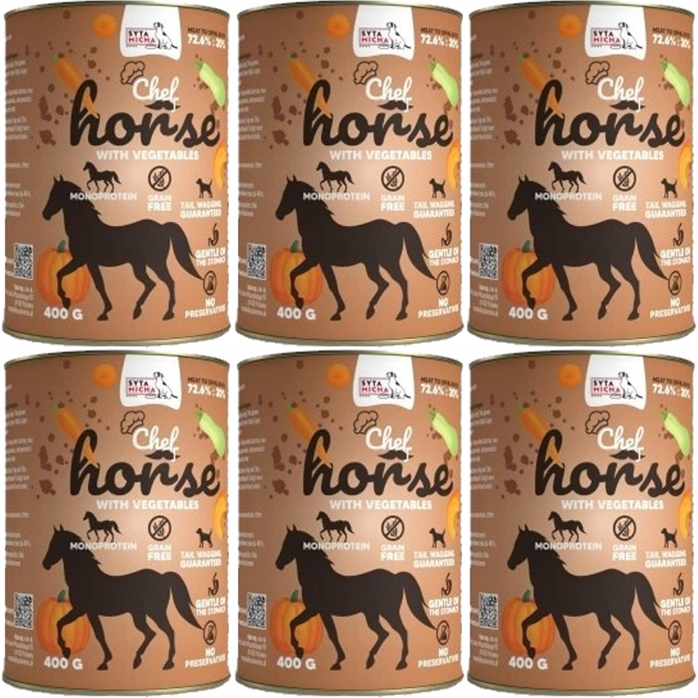 Sześć puszek karmy dla psa z napisem 'Chef Horse with Vegetables', czarnym koniem i dynią na brązowym tle.