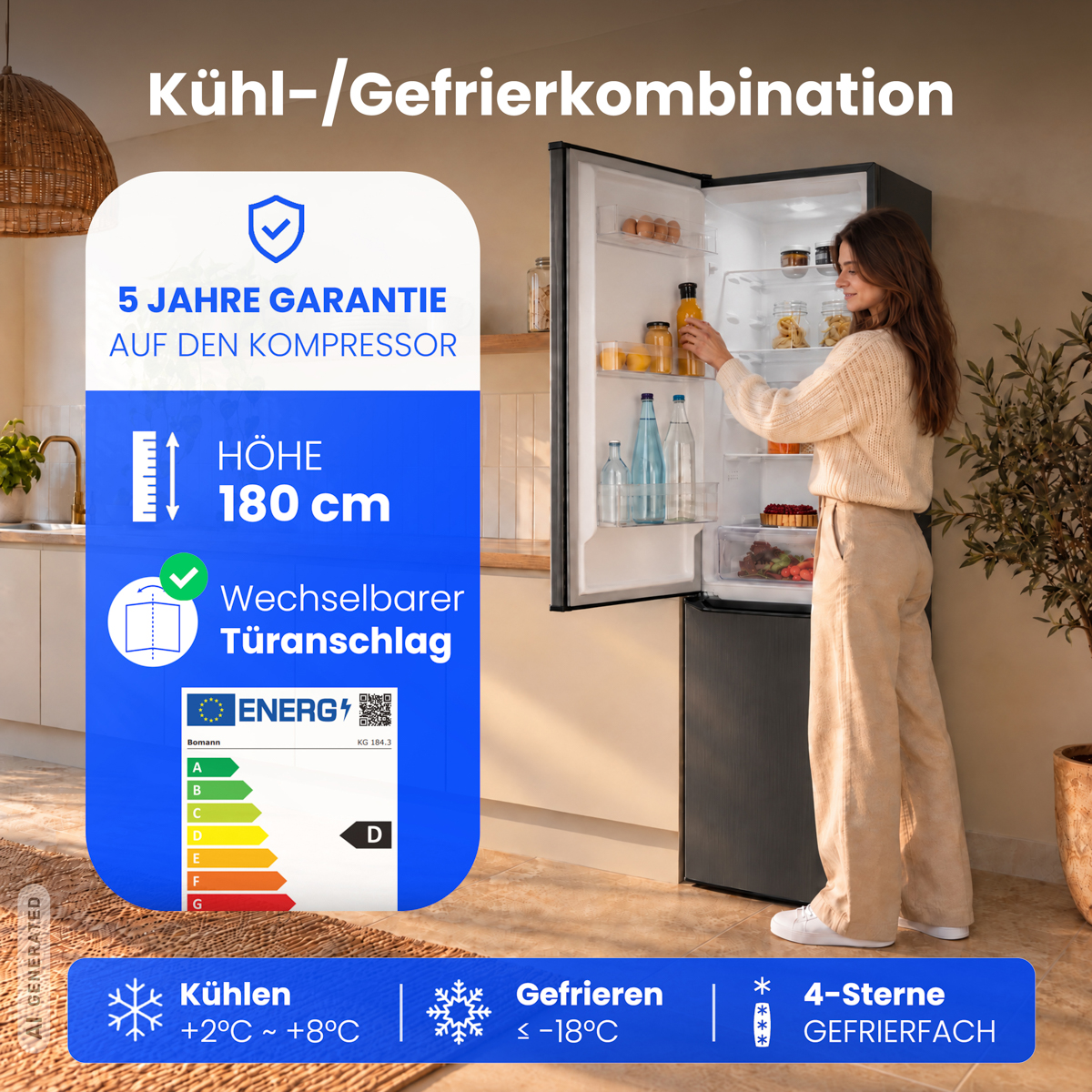 Eine Frau in einer Küche öffnet die Tür einer schwarzen Kühl-Gefrierkombination, daneben blaue Werbeelemente.