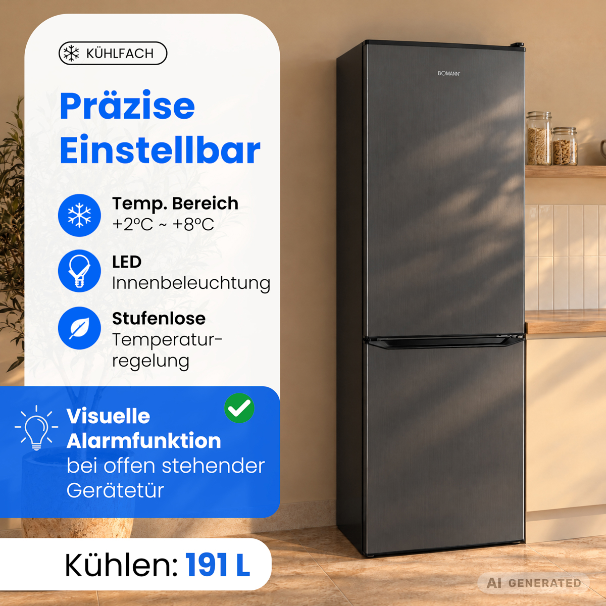 Dunkler Bomann-Kühlschrank in einer Küche mit Textinfoboxen über Funktionen wie Temperaturbereich und Beleuchtung.