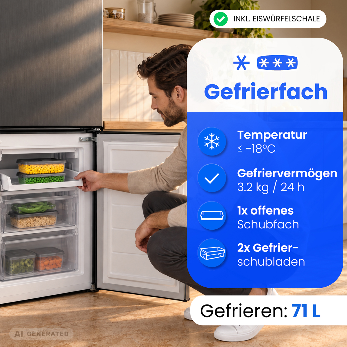 Ein Mann kniet vor einem geöffneten Gefrierschrank mit Gemüseboxen, daneben Produktdetails.