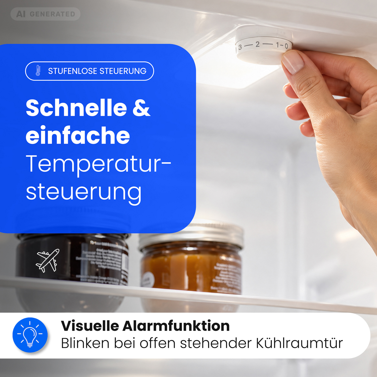 Hand stellt Temperaturregler in einem hellen Kühlschrank ein, mit Textgrafik.