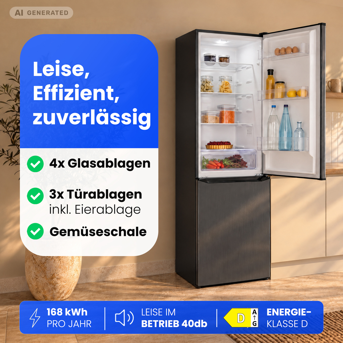 Moderne schwarze Kühl-Gefrierkombination in Küche mit Text-Overlay und Produktdetails.