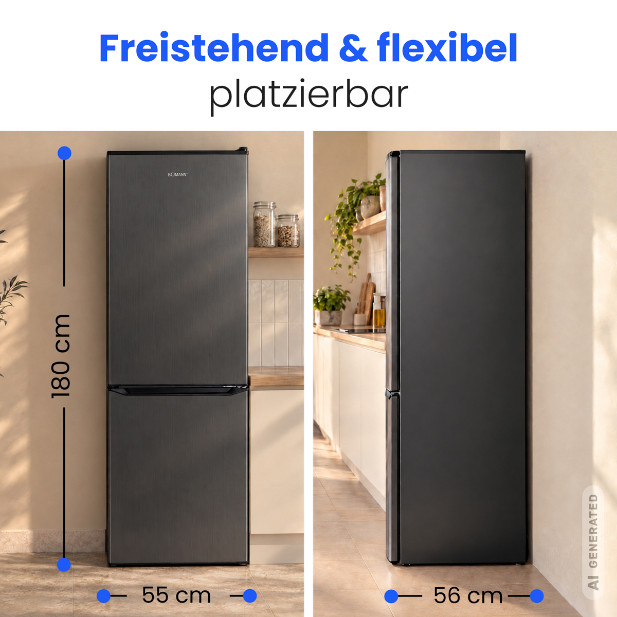 Freistehender schwarzer Kühlschrank, 180 cm hoch, 55 cm und 56 cm breit, in einer hellen Küche.