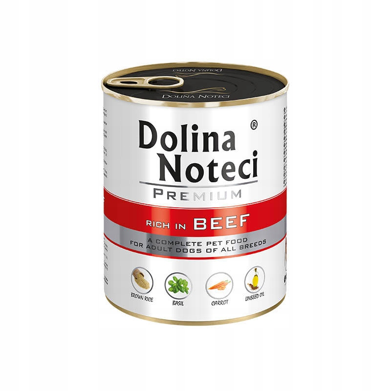 Biało-czerwona puszka karmy dla psa Dolina Noteci Premium bogata w wołowinę na białym tle.